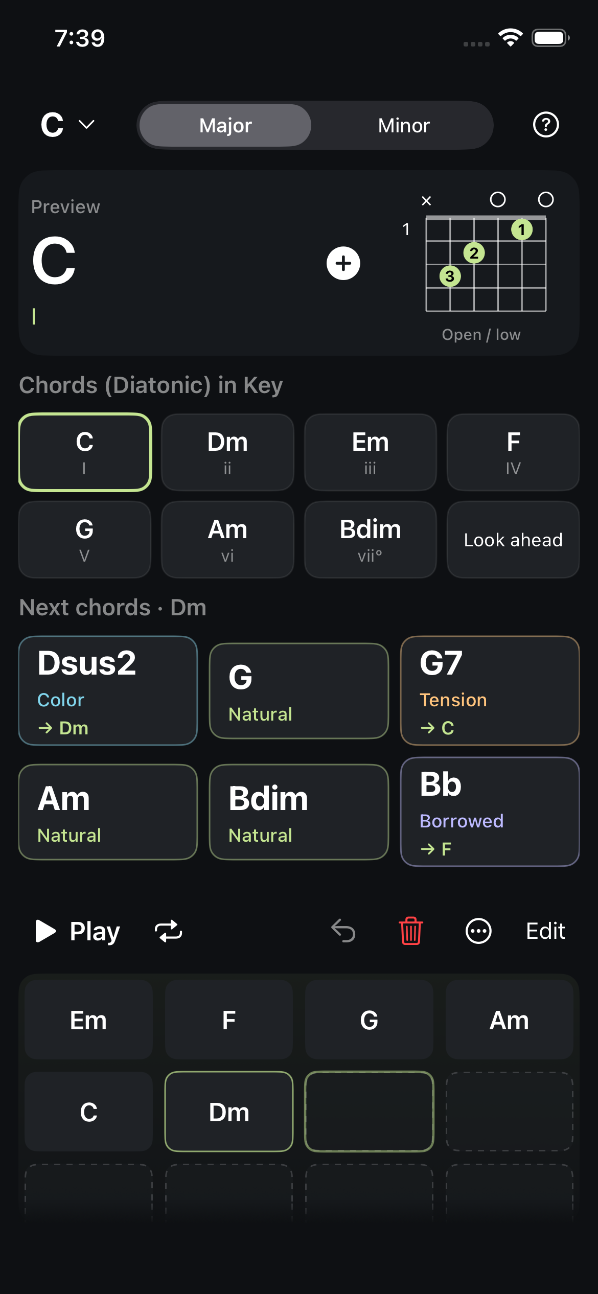 MyChordBFF showing guitar fingerings, chords in C major, next-chord suggestions, and a progression grid.