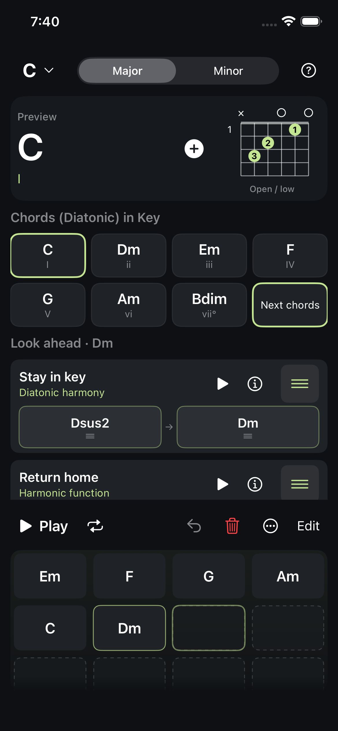 Look ahead offers a pattern continuation and short harmonic routes with chords you can drag into your progression.